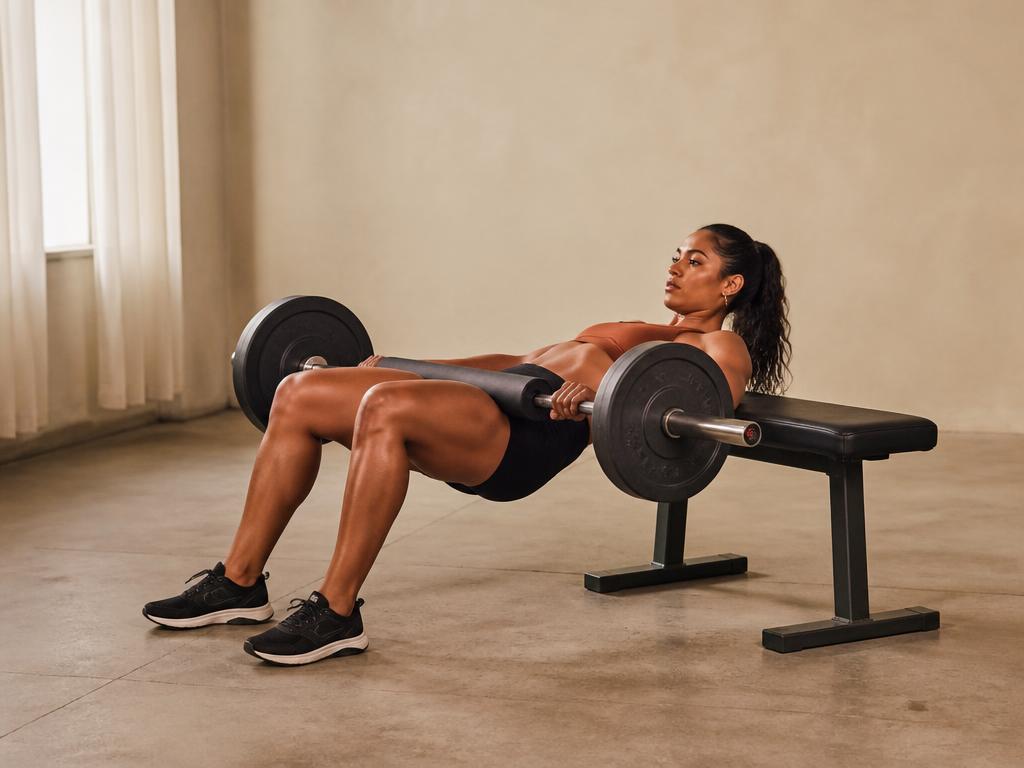 Barbell Hip Thrust: upper back on the bench, barbell across the hips, hips locked out level with the knees and shoulders