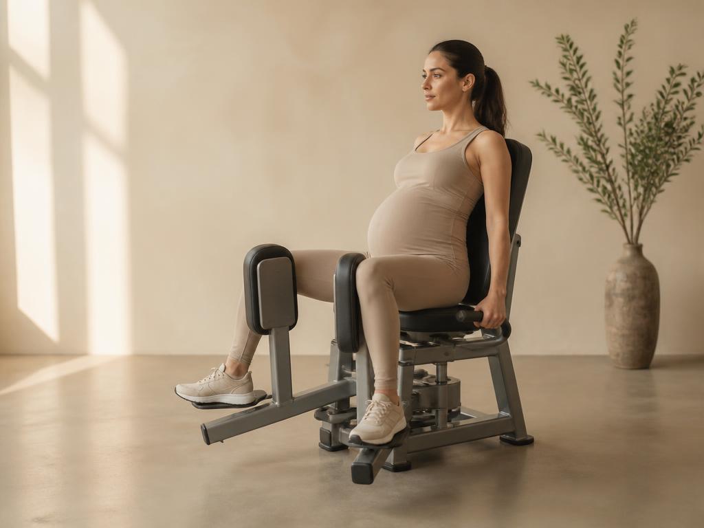 Hip Abduction Machine: seated on a hip abduction machine, legs pressing outward against the pads, torso leaning forward