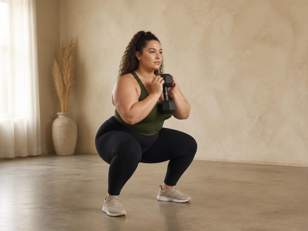 Kettlebell Goblet Squat: holding a dumbbell at the chest, elbows inside the knees, sitting deep between the hips