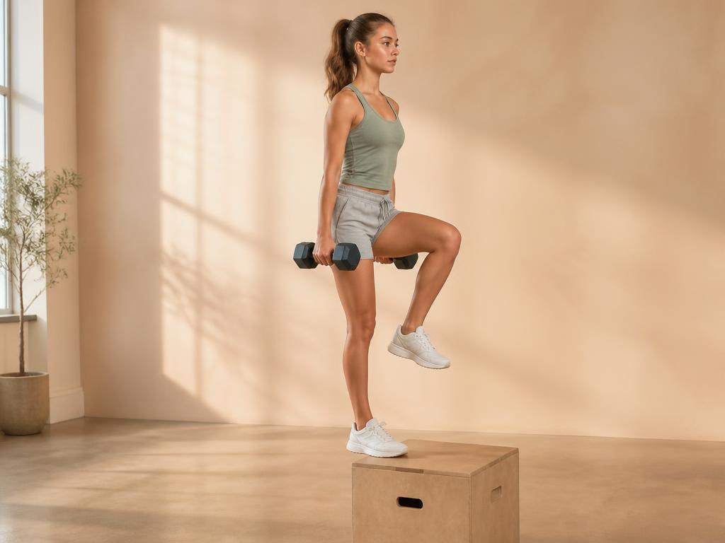 Barbell Step Up: standing on a low box with one foot, other knee lifted, dumbbells at the sides