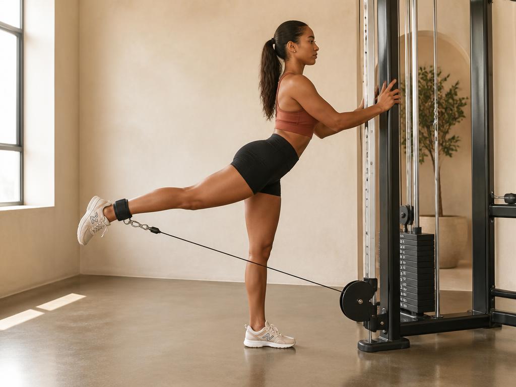 Cable Glute Kickback: ankle cuff on a low cable, hands on the frame, working leg driven straight back