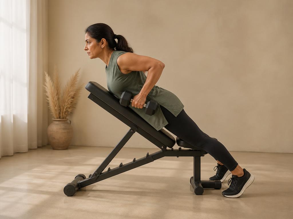 Chest Supported Row: chest on the incline bench pad, pulling dumbbells back with the elbows