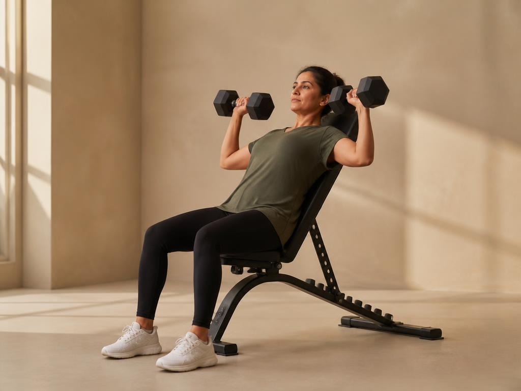 Incline Barbell Press: seated on an incline bench, dumbbells pressed up from chest level, elbows at forty five degrees