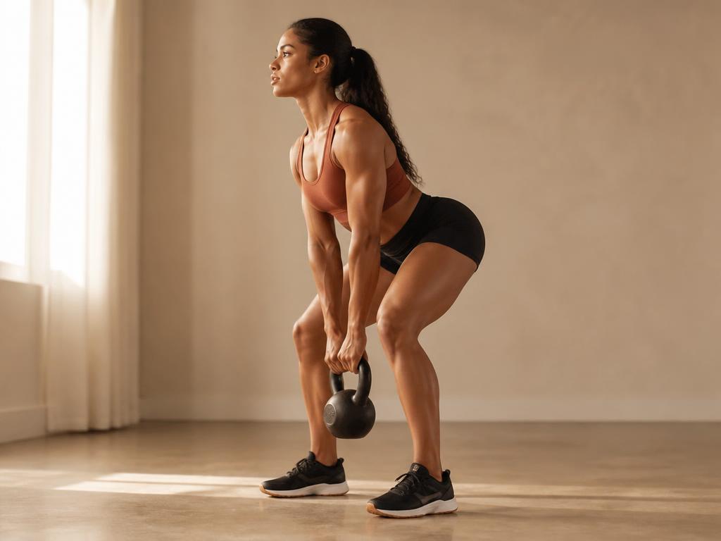 Kettlebell Deadlift: standing over a kettlebell, hips high, weight between the feet, about to stand tall
