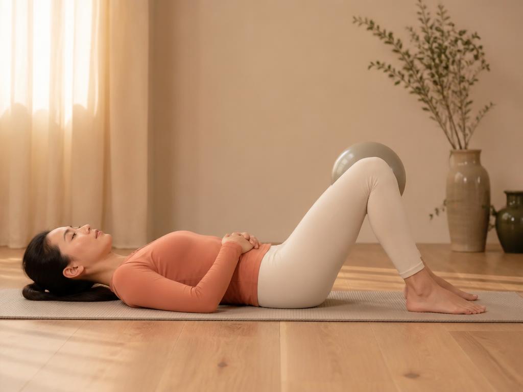 Adductor Machine: lying on the back, knees bent, small ball between the knees, gently squeezing
