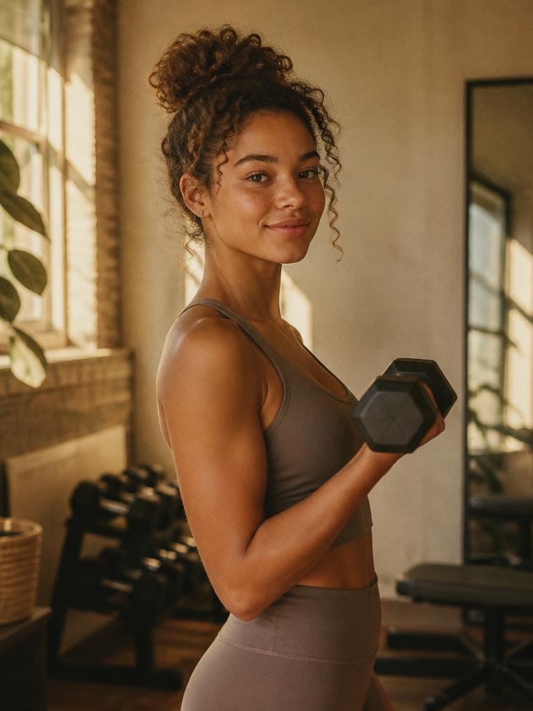 Young woman lifting a dumbbell in a sunlit home gym