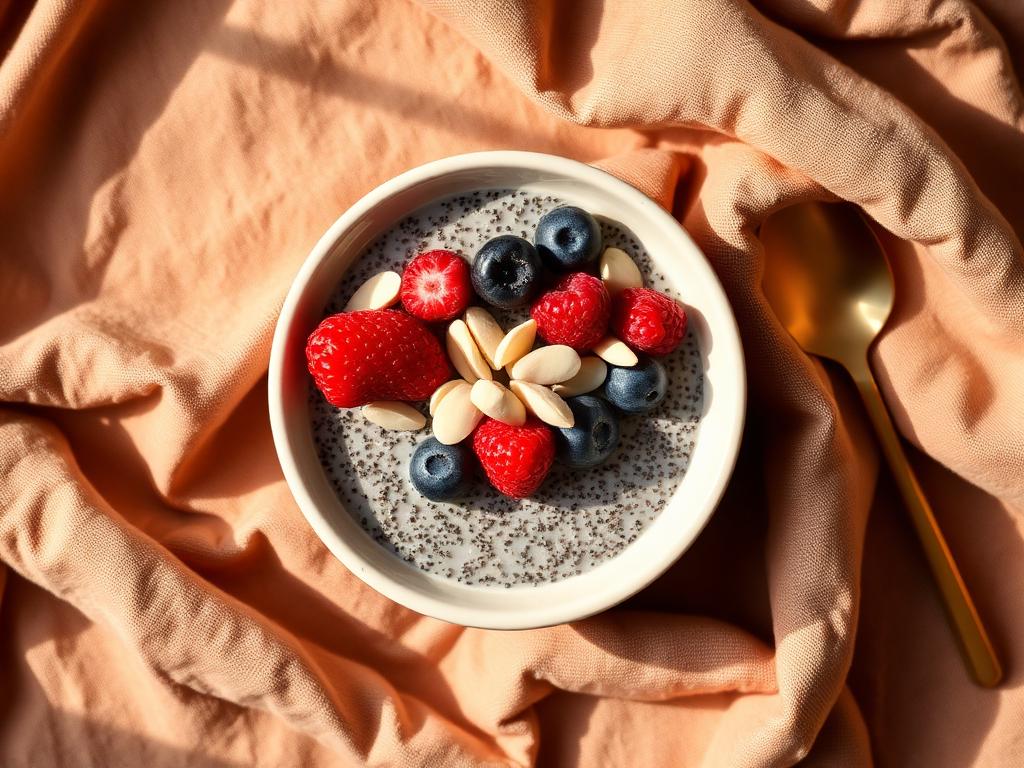 Chia pudding with berries and sliced almonds, photographed from above