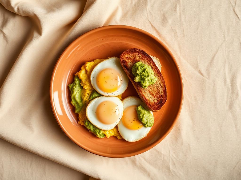 Three egg scramble with sourdough and avocado, photographed from above
