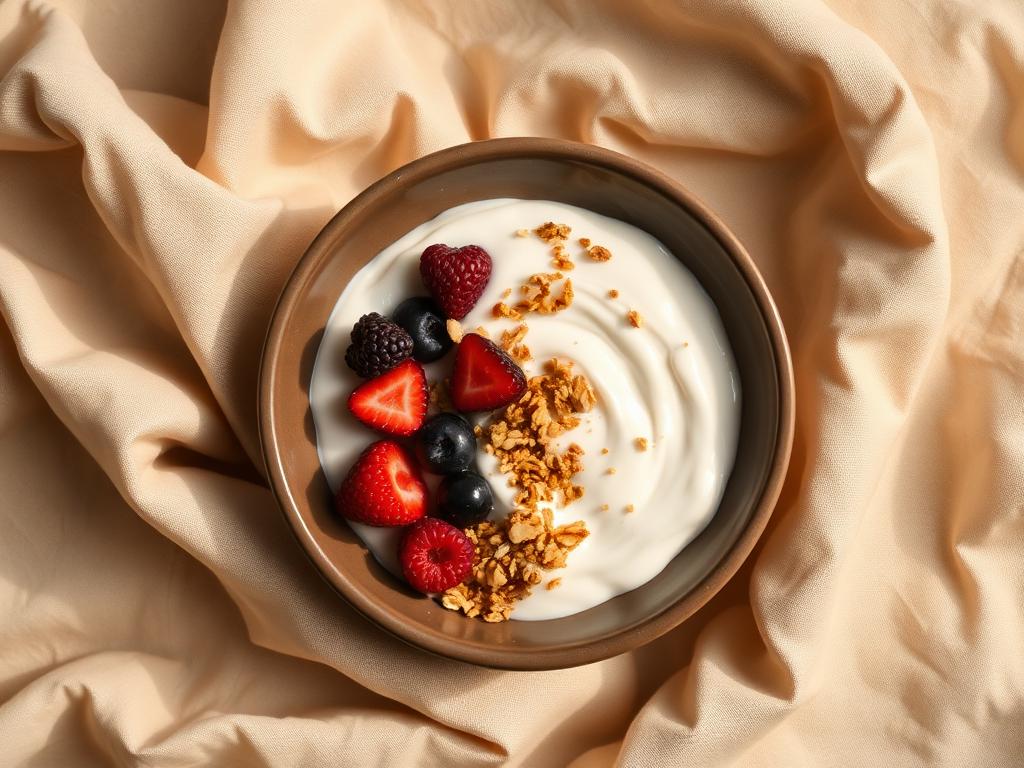 Greek yogurt bowl with berries and granola, photographed from above