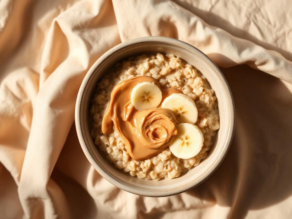 Protein oats with banana and peanut butter, photographed from above