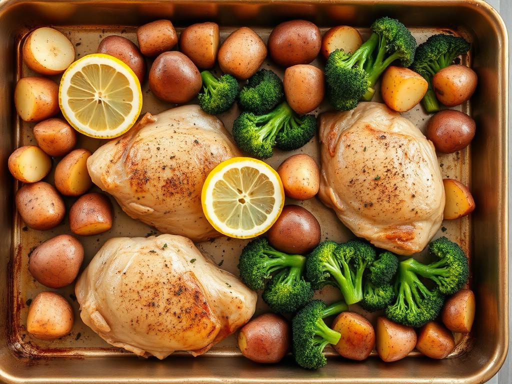 Sheet pan chicken with potatoes and broccoli, photographed from above