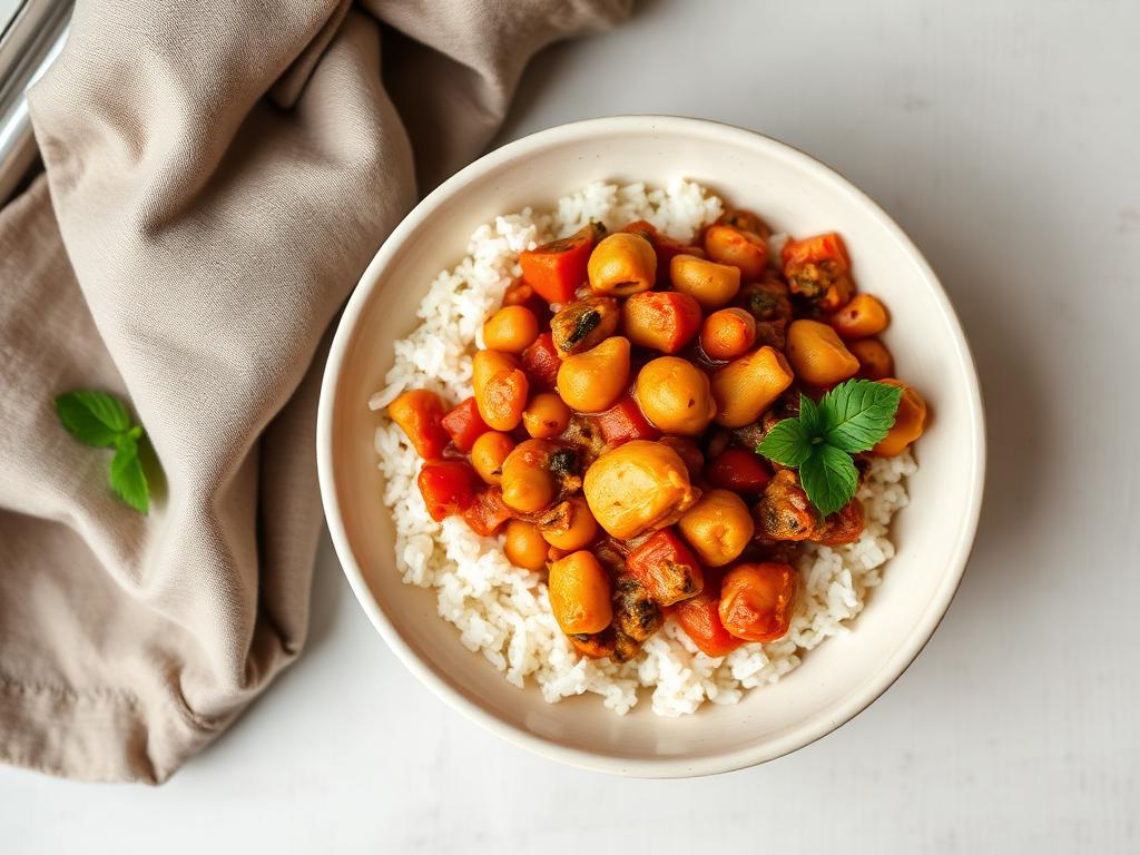 Chickpea and cauliflower tagine with rice, photographed from above