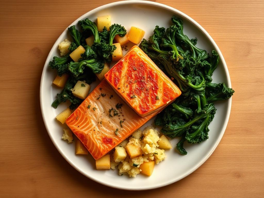 Roast salmon with crushed potatoes and greens, photographed from above