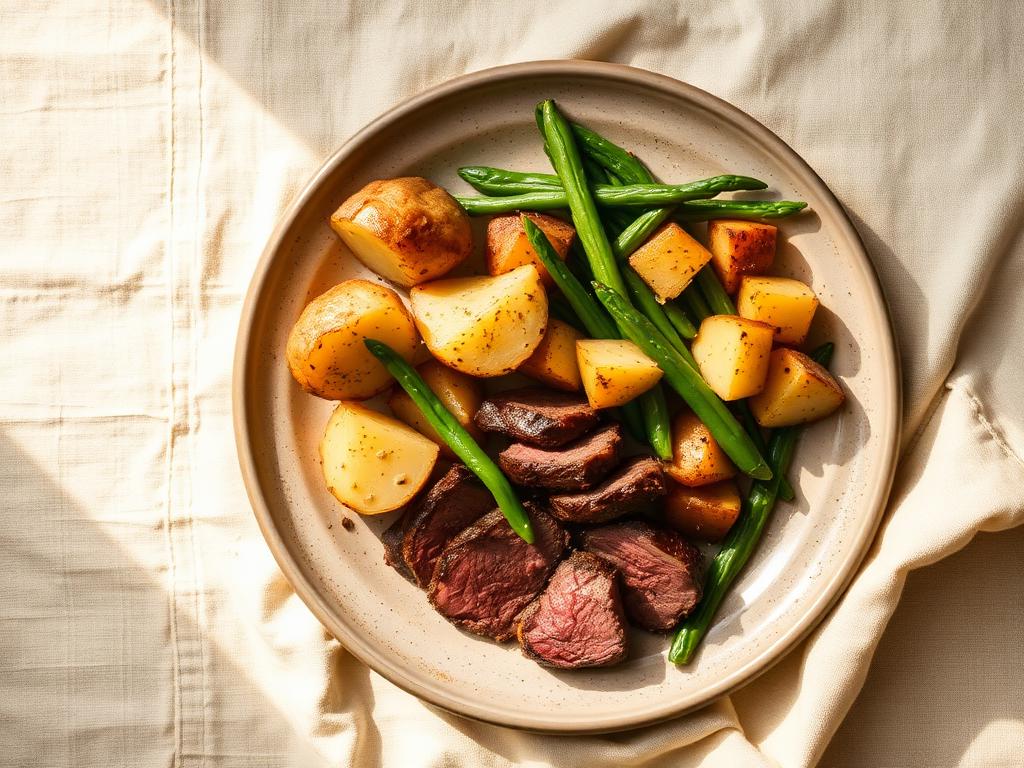 Steak, roast potatoes and green beans, photographed from above