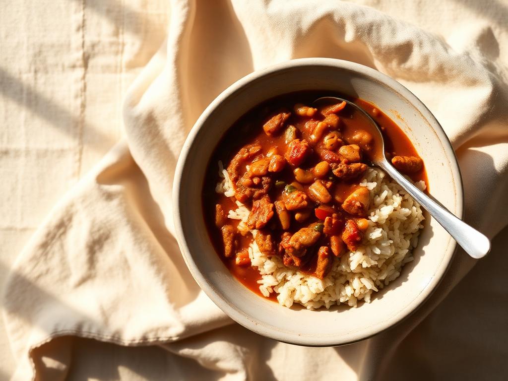 Turkey chili with rice, photographed from above