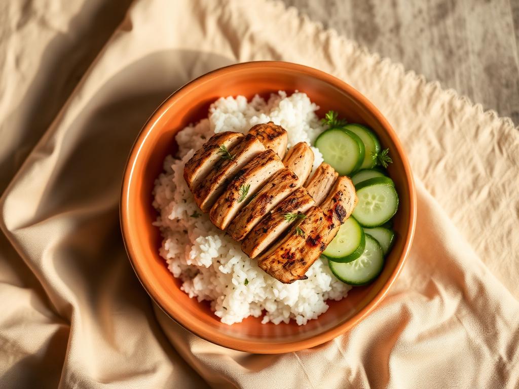 Chicken and rice bowl with cucumber salad, photographed from above