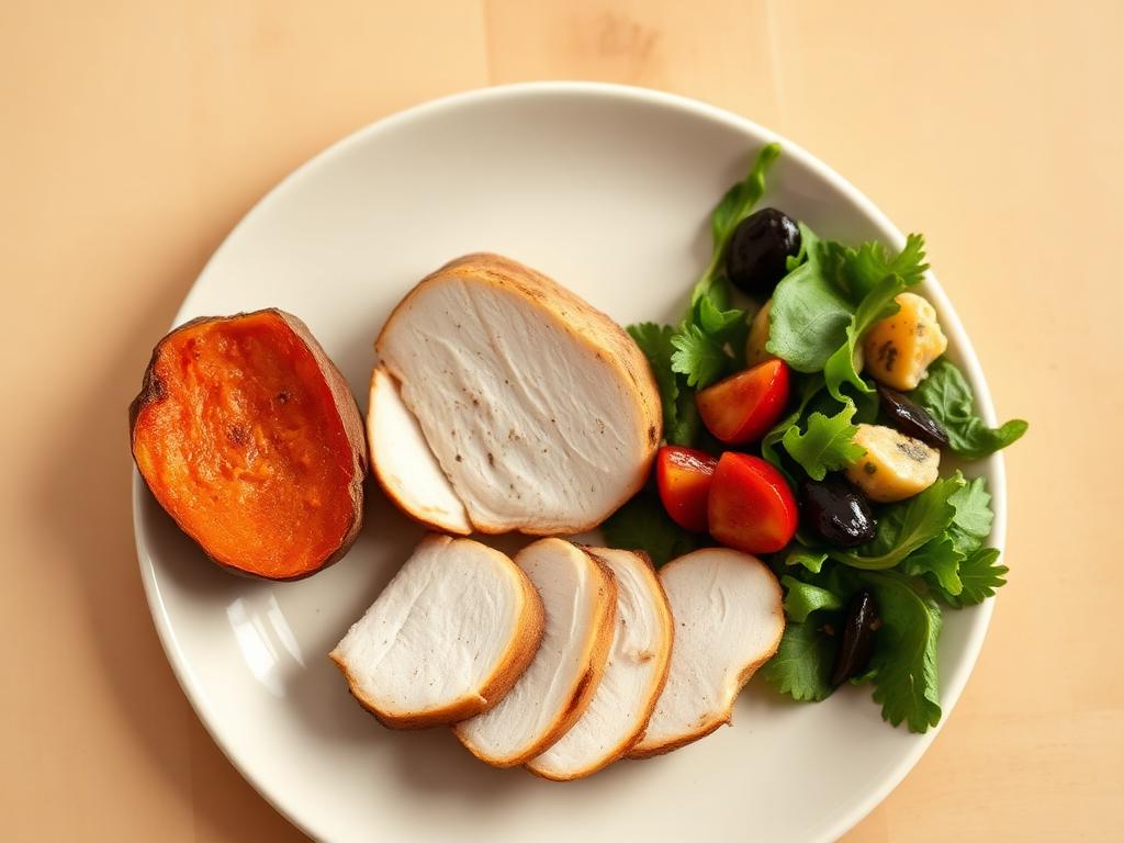 Chicken with roasted sweet potato and salad, photographed from above