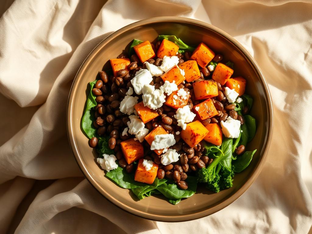 Lentil, sweet potato and feta bowl, photographed from above
