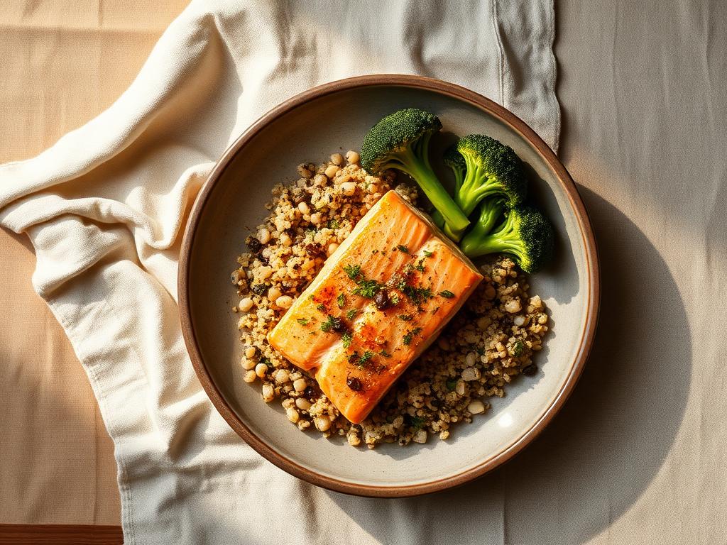 Salmon and quinoa with roasted broccoli, photographed from above