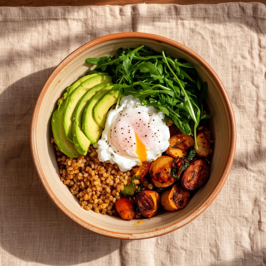 Warm grain bowl with fresh ingredients in a ceramic dish
