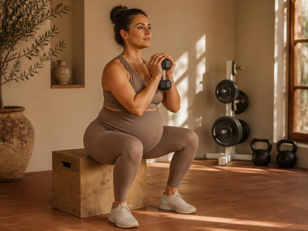 Pregnant woman performing a supported goblet squat to a box in a sunlit home gym