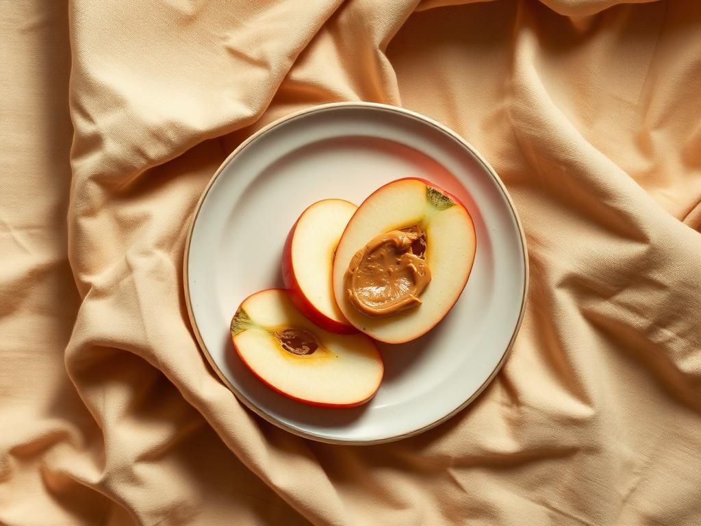 Apple with peanut butter, photographed from above