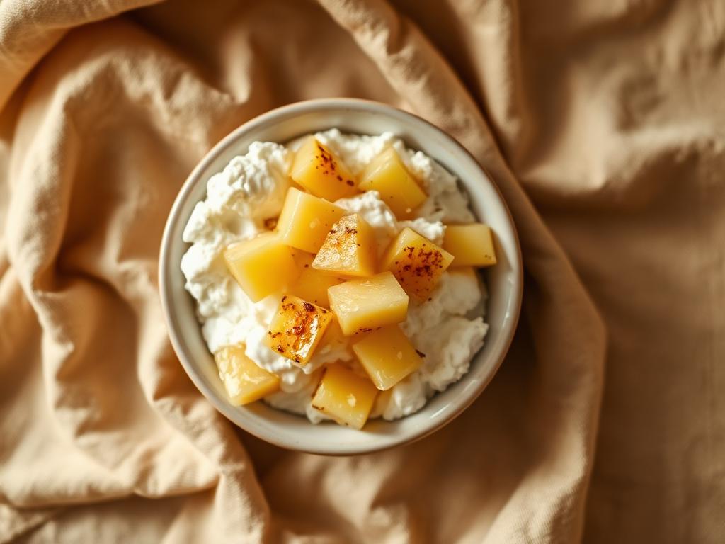 Cottage cheese with pineapple, photographed from above