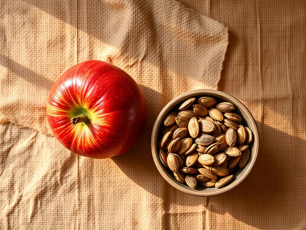 Pumpkin seeds with an apple, photographed from above