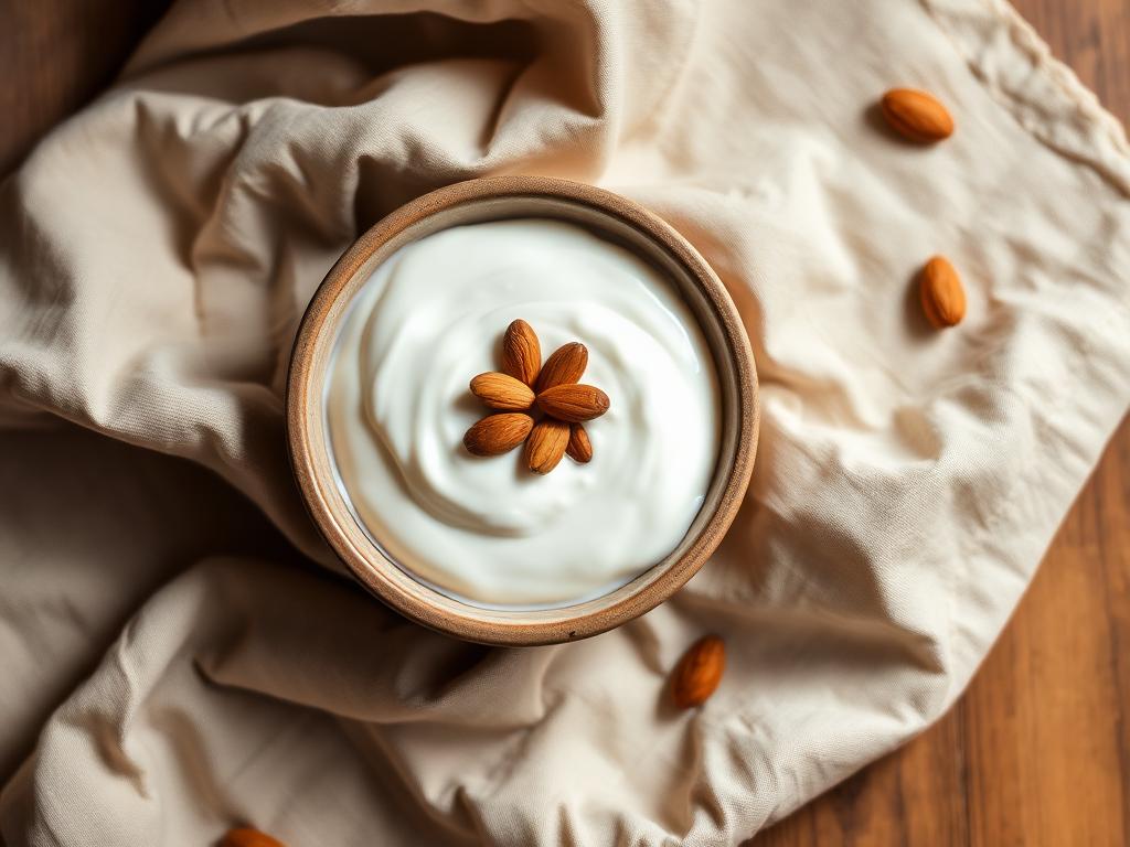 Yogurt with almonds, photographed from above